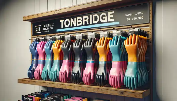 A display of latex gauntlet gloves in various sizes from small to extra-large, featuring long cuffs and textured grips, in a range of colors on a shelf in Tonbridge.