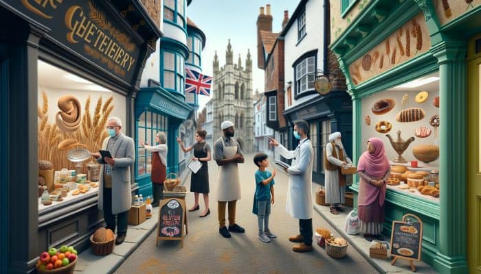 Gluten Intolerance Test in Canterbury: In a historical clinic, diverse patients consult a physician about gluten intolerance amidst wheat symbols and gluten-free choices.