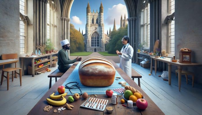 In Canterbury, a patient consults a physician about gluten intolerance testing while consuming bread, surrounded by medical charts, pill bottles, and fresh produce.